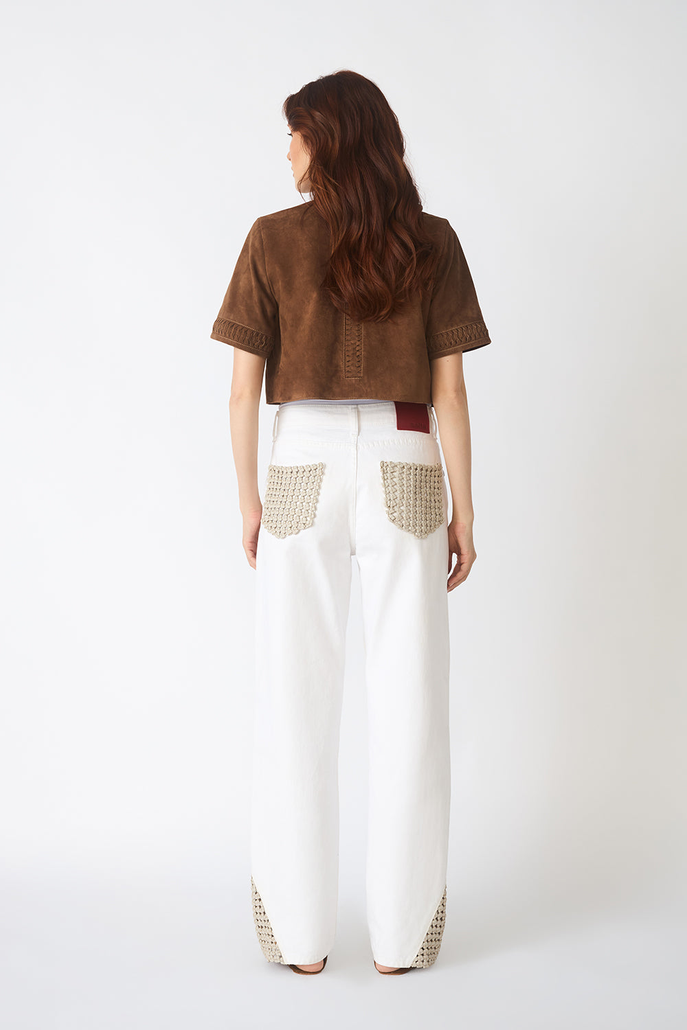 Mid-Rise Straight Jeans with Woven Leather Panels