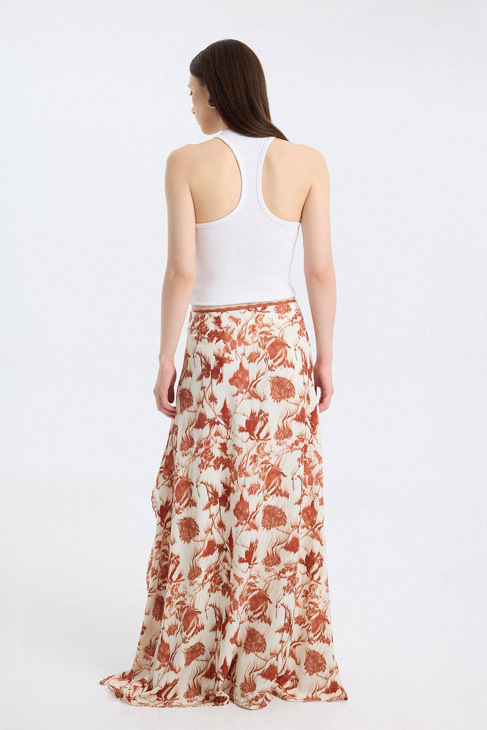 Printed Ruffle Slit Maxi Skirt