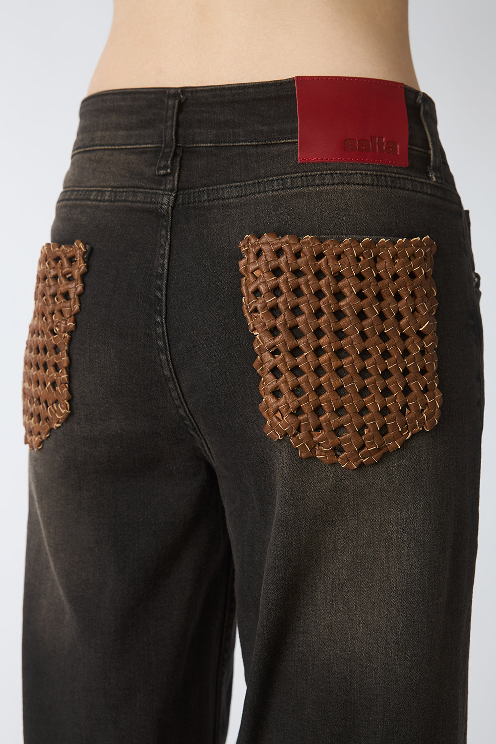 Mid-Rise Straight Jeans with Woven Leather Panels