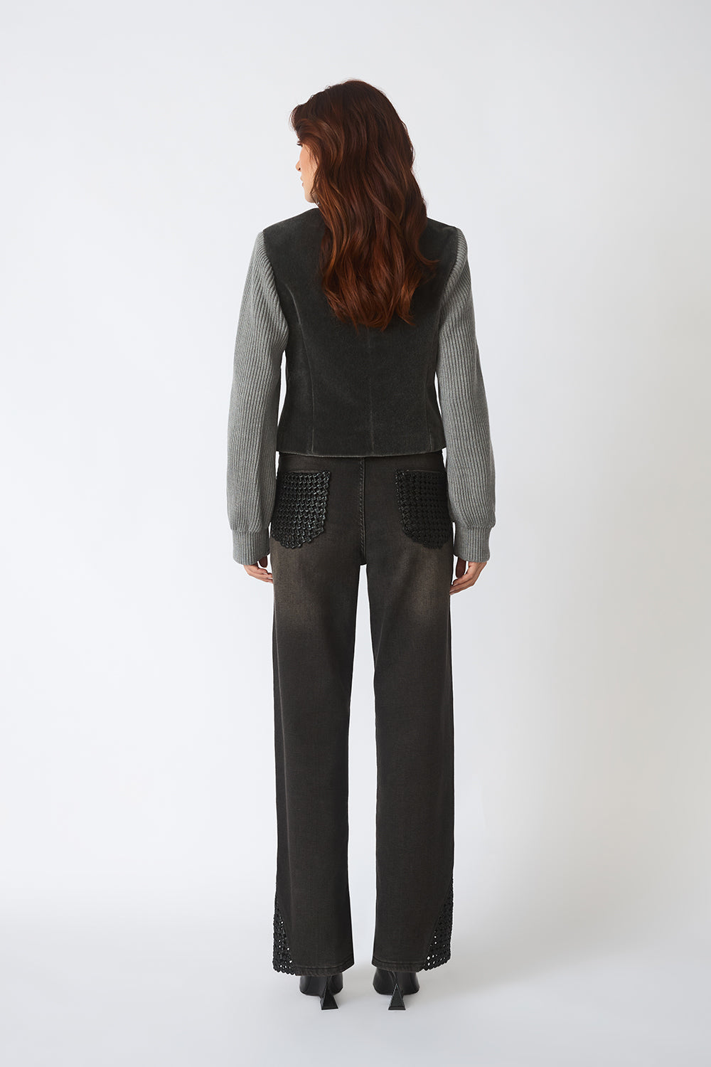 Mid-Rise Straight Jeans with Woven Leather Panels