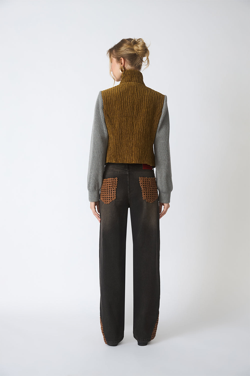 Mid-Rise Straight Jeans with Woven Leather Panels